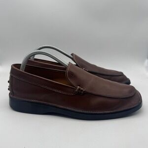 Tod's Brown Leather Slip‎ On Loafers Woven Accent Comfort Casual Shoes